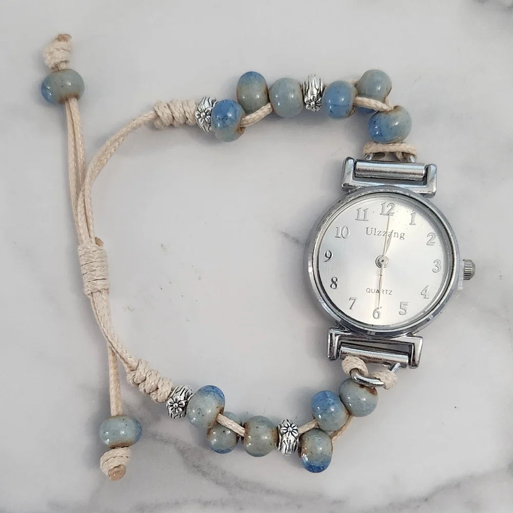 New Ceramic Silver Dial Beaded Watch With Wax Rope